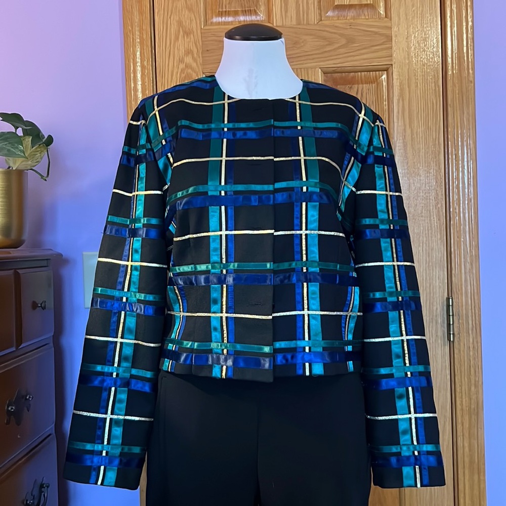 TALBOTS 💙 Gold Ribbon Design Vintage Blazer, fabric covered buttons